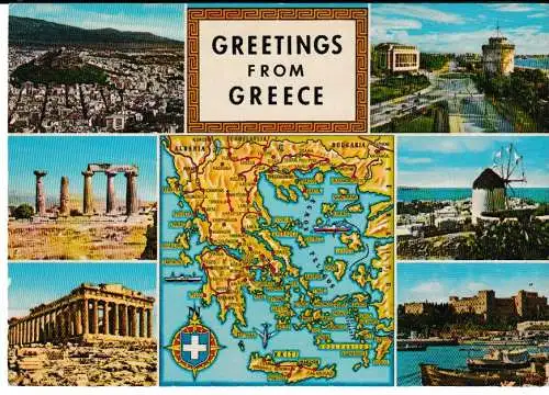 GREETINGS from GREECE - 6 Ansichten und Map - von 1962 (AK6757)