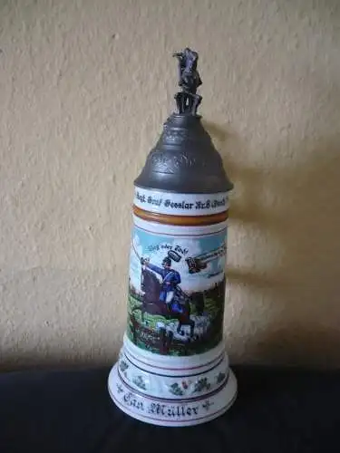 Reservisten-Krug - Kavallerie mit Zinndeckel - im Boden Durchscheinbild - älter (1200)