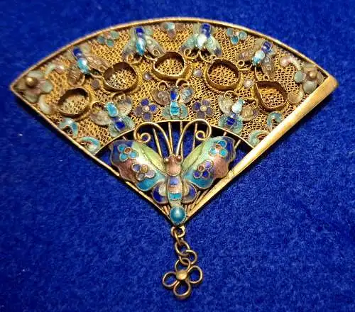 Filigrane antike Edelstein-Fächer-Brosche - Silber Cloisonné vergoldet - ca. v. 1930 (1225)