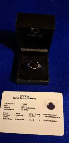Schwarzer Spinell-Quarz-Herren-Silberring mit Zertifikat von Juwelo (1229)
