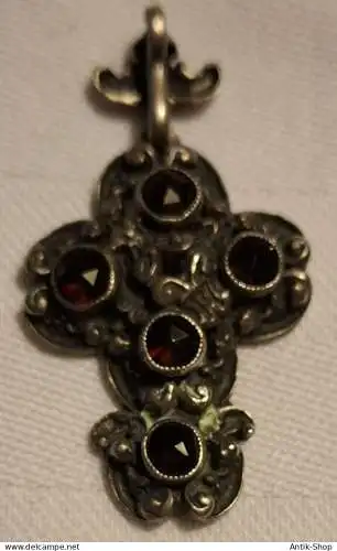 Seltener Kreuzanhänger mit fac. Granat - 835er Silber - älter (1239)