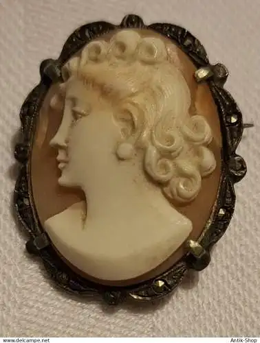 Muschel-Gemmen-Anhänger/Brosche - Silberfassung mit Makasiten - älter (1240)