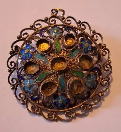 Antiker filigraner Silber Anhänger/Brosche mit Emailleverzierung - von ca. 1930 (1267)