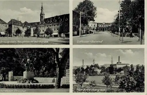 AK Großenhain, Cottbusser Bahnhof, Hauptmarkt, Kirche, Ehrenmal, Bobersberg, 1940 gelaufen mit Marke