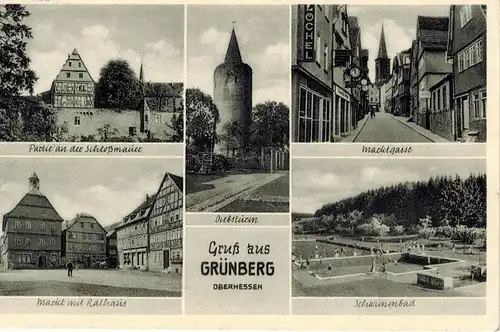 AK Grünberg, Oberhessen, Marktgasse, Schloßmauer, Markt, Rathaus, Schwimmbad, 1954 gelaufen mit Marke