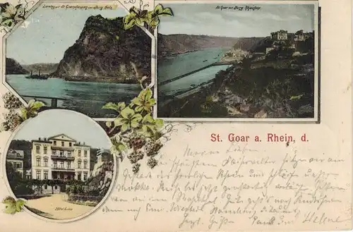 AK St. Goar, Katz, Burg Rheinfels, Hotel Lilie, 1899 gelaufen ohne Marke