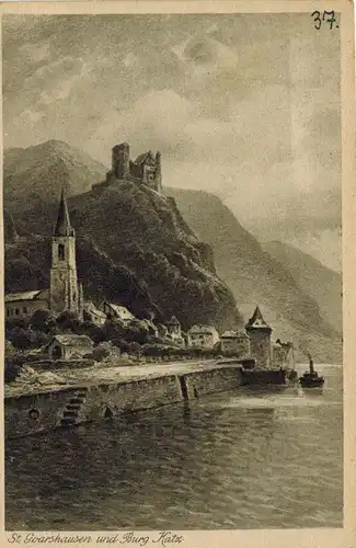 AK St. Goarshausen, Loreley, Burg Katz, Rheindampfer Undine, 1926 gelaufen mit Marke