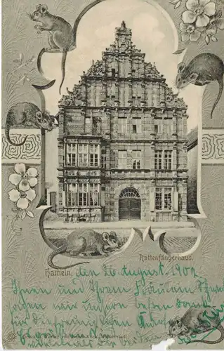 AK Hameln, Rattenfängerhaus, 1902 gelaufen mit Marke
