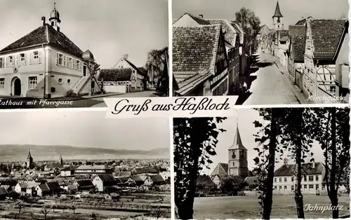 AK Haßloch, Ansichten, Jahntplatz, Rathaus, Pfarrgasse, Christuskirche, ca. 1950er Jahre, ungelaufen