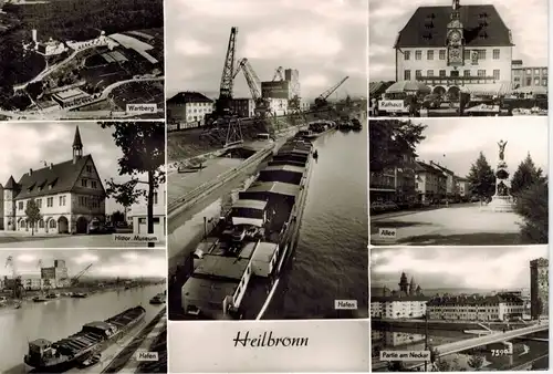 AK Heilbronn, Ansichten, Rathaus, Hafen, Wartberg, Hist. Museum, Allee, Neckar, 1962 gelaufen mit Marke + Sonderstempel