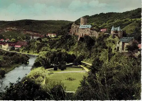 AK Heimbach, Eifel, Burg, Stadtgarten, 1957 gelaufen mit Marke + Sonderstempel