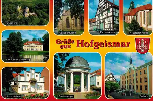 AK Hofgeismar,Sababurg, Kirche, Rathaus, Hochzeitshaus, Quellentempel, Schloß Schönburg, Ansichten, 1990er gelaufen mit Sondermarke