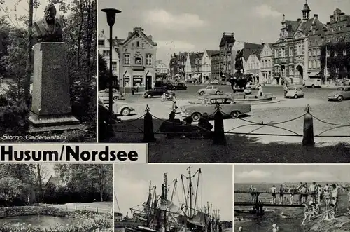 AK Husum, Markt, Schloßgarten, Hafen, Storm Gedenkstein, Badeleben, Ansichten, 1962 gelaufen mit Marke