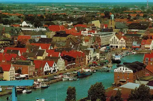 AK Husum, Nordsee, Binnenhafen, 1990 gelaufen mit Marke