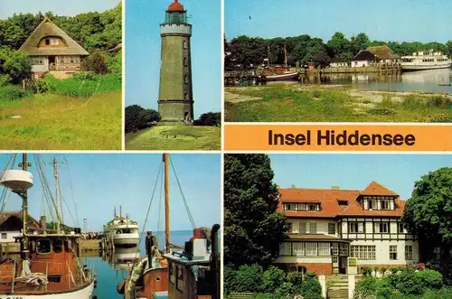 AK Hiddensee, Ansichten, Kloster, Fischerhaus, Leuchtturm, Anlegestelle, Hafen, 1981 gelaufen mit Marke  