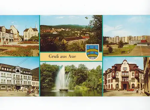 AK Aue, Sachsen, Altmarkt, Brünlasberg, Hotel Blauer Engel, Carolateich, Rathaus, 1999 gelaufen mit Marke