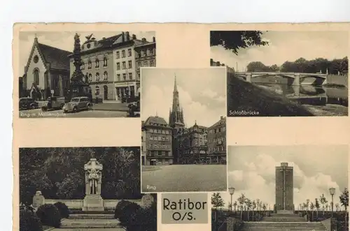 AK Racibórz, Ratibor, Oberschlesien, Ehrenmal, Grenzlandturm, Schloßbrücke, Mariensäule, Ring, 1940 gelaufen, Feldpost ohne Marke