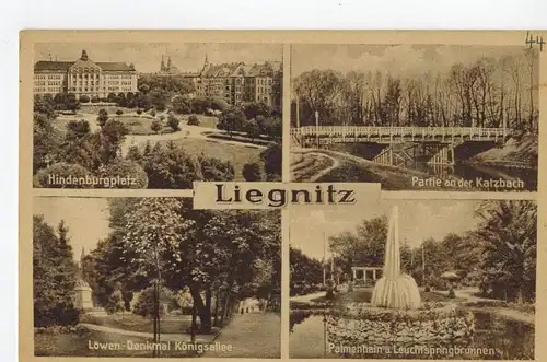 AK Legnica, Liegnitz, Hindenburgplatz, Katzbach, Königsallee, Löwendenkmal, Palmenhain, Leuchtspringbrunnen, 1924 gelaufen ohne Marke