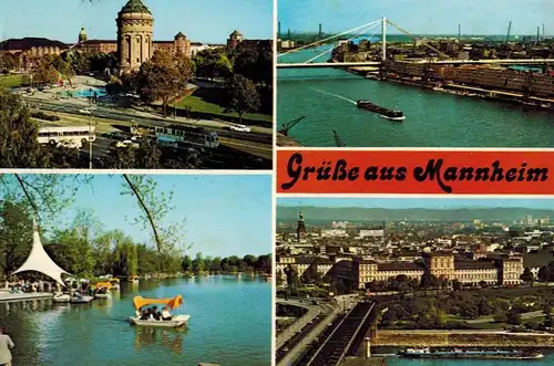 AK Mannheim, Ansichten, Wasserturm, Friedrichsplatz, Rhein, Schloß, 1980 gelaufen mit Marke