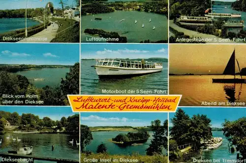 AK Malente, Bad Malente, Gremsmühlen, Ansichten, Dieksee, Promenade, Holm, Insel, Timmdorf, Motorboot, 1977 gelaufen mit Marke