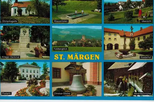 AK St. Märgen, Breisgau, Schwarzwald, Ansichten, Hexenlochmühle, Postamt, Feldberg, Kapelle, 1999 gelaufen mit Marke