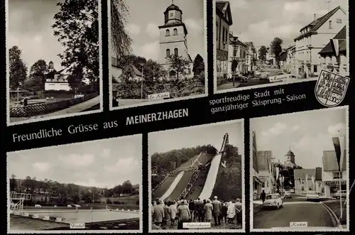 AK Meinerzhagen, Hauptstraße, evangelische Kirche, Freibad, Kirchstraße, Mattenschanzen, Skischanzen, Ansichten, 1964 gelaufen mit Marke+Sonderstempel