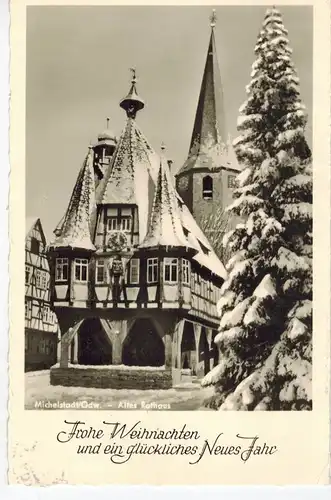 AK Michelstadt, Odenwald, Altes Rathaus, Winter, Weihnachten, 1957 gelaufen mit Marke