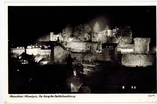 AK Monschau, Burg, Festbeleuchtung, 1957 gelaufen mit Marke