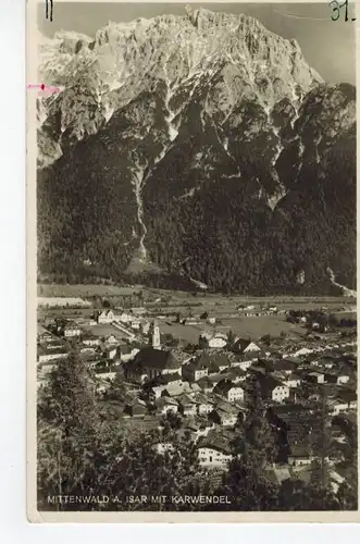 AK Mittenwald, Isar, Karwendel. 1930er Jahre gelaufen ohne Marke + Sonderstempel