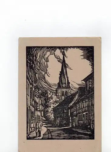 AK Northeim, Hagenstraße, Holzschnitt von Karl Schlotter, Pfarrkirche St. Sixti, ca. 1930er Jahre (?), ungelaufen