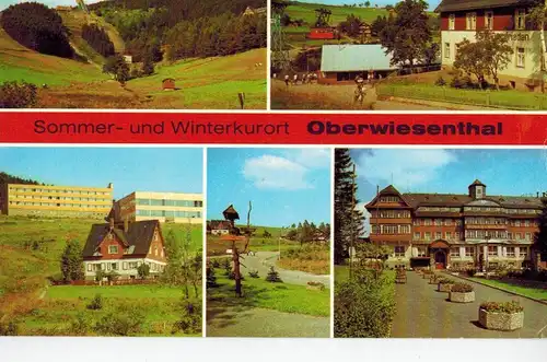 AK Oberwiesenthal, Fichtelbergschanzen, Hotel Bergfrieden, Jugendherberge, Erholungsheim, Ansichten, 1980er Jahre gelaufen mit Marken