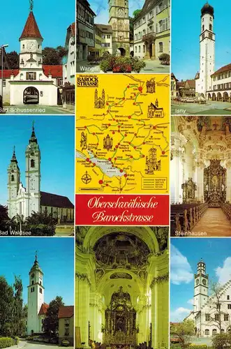 AK Ravensburg, Oberschwäbische Barockstraße, Bad Schussenried, Isny, Steinhausen, Weingarten, Bad Wurznach, Bad Waldsee, Wangen, Allgäu, 1986 gelaufen mit Marke