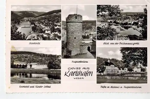 AK Bad Karlshafen, Weser, Solbad, Ansichten, Hugenottenturm, Hafen, ALtes Rathaus, Deichmannsgrotte, 1957 gelaufen mit Marke