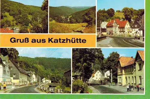 AK Katzhütte, Rennweg, Ansichten, Schwarzatal, Bahnhofstraße, Oelzer Straße, Eisfelder Straße, 1984 gelaufen mit Marken 