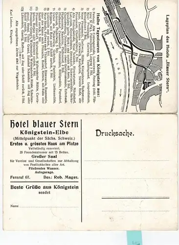 AK Königstein, Sächsiche Schweiz, Elbe, Hotel Blauer Stern, Aufwändig gestalltete aufklappbare Doppel-Karte, 1910-20er Jahre, ungelaufen