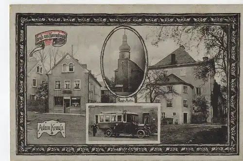AK Konradsreuth, Adam Krauß, Postauto, Kirche, 1924 gelaufen mit Marke 
