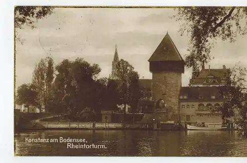 AK Konstanz, Bodensee, Rheintorturm, 1927 gelaufen mit Marken 