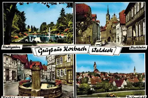 AK Korbach, Steckbahn, Stadtgarten, Feldhühnerchen Brunnen, Ansichten, 1964 gelaufen mit Marke 