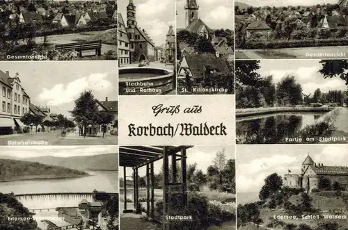 AK Korbach, Waldeck, Rathaus, Steckbahn, Stadtpark, Bahnhofstraße, Edersee, St. Kilianskirche, Ansichten, 1963 gelaufen mit Marke 