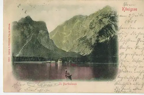 AK Schönau, Königssee, St. Bartholomä, 1901 gelaufen ohne Marke