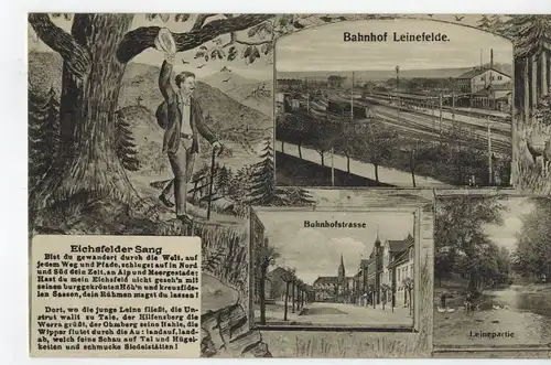 AK Leinefelde-Worbis, Leinefelde, Bahnhofstrasse, Bahnhof, Leinepartie, Eichsfelder Sang, 1919 gelaufen mit Marke