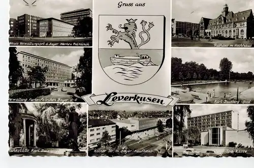 AK Leverkusen, Neues Verwaltungsgebäude, Bayer, Rathaus, Hochhaus, Sparkasse, Karl-Duisberg-Bad, Kölner Straße, Ansichten, 1961 gelaufen mit Sondermarke + Sonderstempel