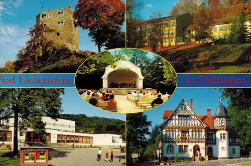 AK Bad Liebenstein, Burgruine, Kurmittelhaus, Postamt, Stadthalle, Musikpavilion, Ansichten, 1994 gelaufen mit Sondermarke 