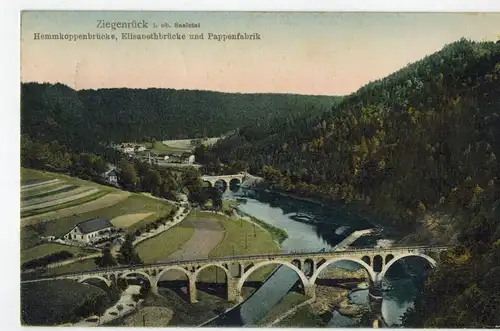 AK Ziegenrück, Thüringen, Oberes Saaletal, Hemmkoppenbrücke, Elisabethbrücke, Pappenfabrik, color, 1908 gelaufen mit Marke