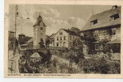 AK Wurzbach, Sormitz, Transformatorenhäuschen, Trafohäuschen, Markt, 1915 gelaufen ohne Marke (Feldpost) 