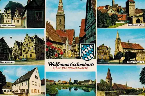 AK Wolframs-Eschenbach, Marktplatz, Pfründehaus, Jugendherberge, Unteres Tor, Stadtgraben, Ansichten, 1986 gelaufen mit Marken + Sonderstempel 
