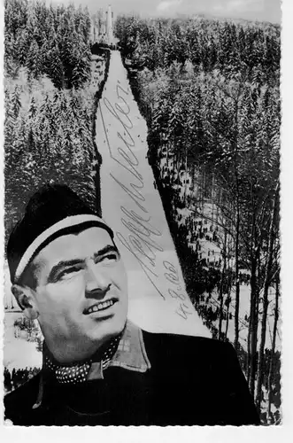 AK Sepp Weiler, Skisprung, Autogrammkarte, Original, Grosschanze am Mühlenkopf, Schanzenrekord 101m, Liftgaststätte, 1960 gelaufen mit Marke und Sonderstempel