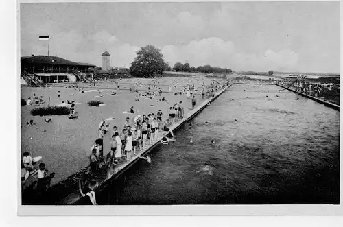 AK Wittenberge, Elbe, Volksbad, Strand, Schwimmbecken, 1933 gelaufen mit Marke