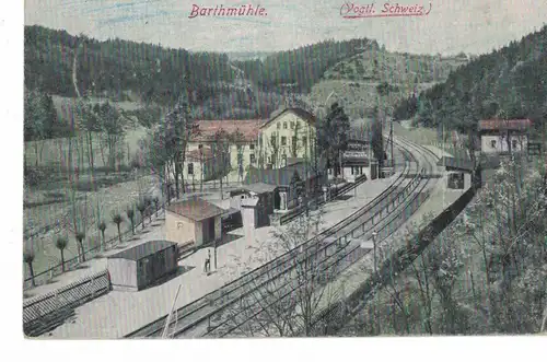 AK Pöhl, Jocketa, Barthmühle, Bahnhof, Elstertalbahn, Vogtland, Vogtländische Schweiz, 1915 gelaufen, Feldpost, ohne Marke 