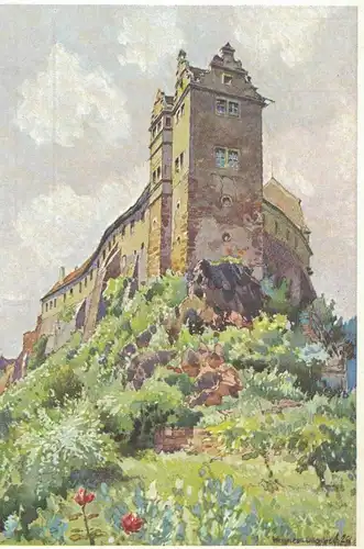 AK Wettin-Löbejün, Wettin, Burg, Winkelturm, Aquarell von Alfred Weßner-Collenbey, ungelaufen, ca. 1930-50er Jahre